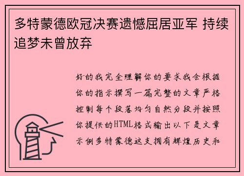 多特蒙德欧冠决赛遗憾屈居亚军 持续追梦未曾放弃