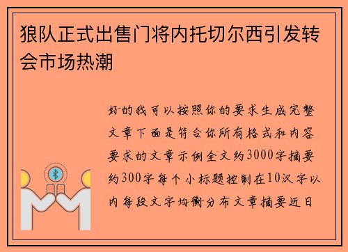 狼队正式出售门将内托切尔西引发转会市场热潮